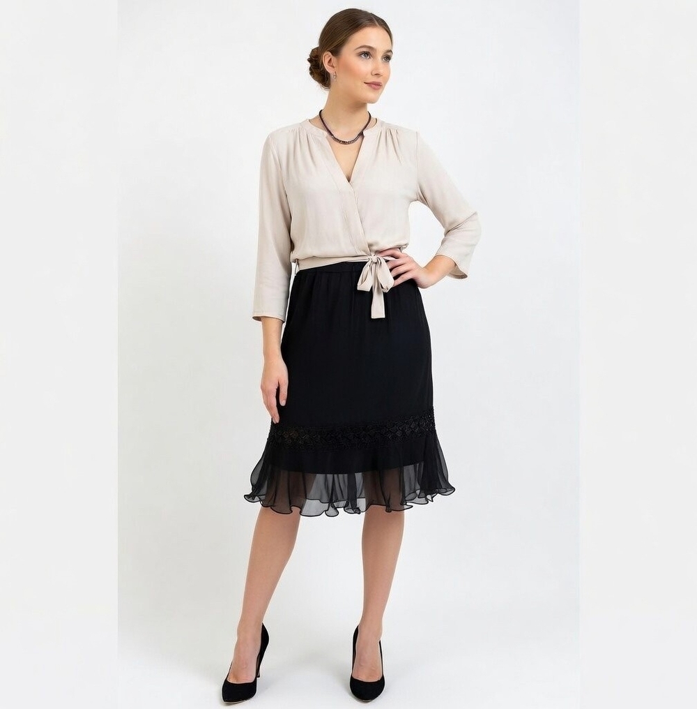 ICE Womens Skirt 10 Black Lace Bead Embellished Midi Silk Crochet Ruffle Hem EXC